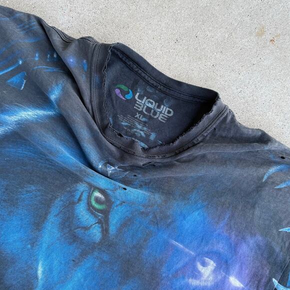 Vintage Liquid Blue Wolf Moon All Over Print 2001 T-Shirt XL Distressed Thrashed - Picture 7 of 9